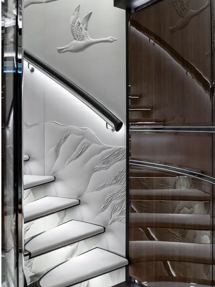 Interior of a private superyacht with spiral staircase featuring a large scale mural of padded, quilted cotton floral motifs in cream. M/Y Lusine (60m), Heesen Yachts. Curated, commissioned & installed by Artelier Art Consultancy © Photography by David Churchill