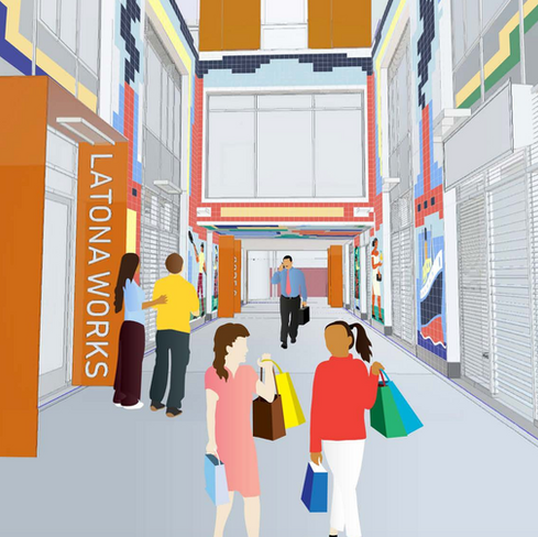 Digital paintings showcasing two women shopping in the midst of a shopping mall, with Ian Kirkpatrick murals painted on the side of the walls of the mall.
