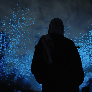Daan Roosegaarde’s SPARK (2022) is a light installation composed of biodegradable luminous sparks that float in the air, offering a nonpolluting alternative to fireworks. Inspired by natural light sources, namely stars and fireflies, these environmentally friendly floatables are configured to evaporate the same night they are dispersed, illuminating the natural landscape of Wadi Hanifah through sustainable design and technology.  Visitors are invited to immerse themselves in this whimsical display of celebration, where noise and dust are markedly absent. Thousands of organic light materials perform a silent dance in a cloud formation, moved by the wind and shining in an array of colors. As individuals look up in collective wonder, the sparks also create room for private musings.  By reimagining community festivities, the artwork envisions an eco-friendly future where our traditions can be preserved in a novel way, inspiring reflections on our connection to ourselves, each other and nature.