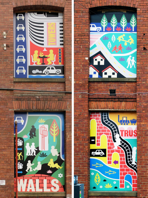 A close up of said imaged, includeing a lake, a bridge in red-brick drawing, and other similar nature-based graphic art cartoons.