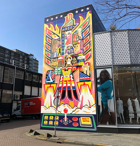 Examples of Ian Kirkpatrick's mural artworks, showing flamboyant bright colours on largle scale sides of buildings in urban settings, mainly in london