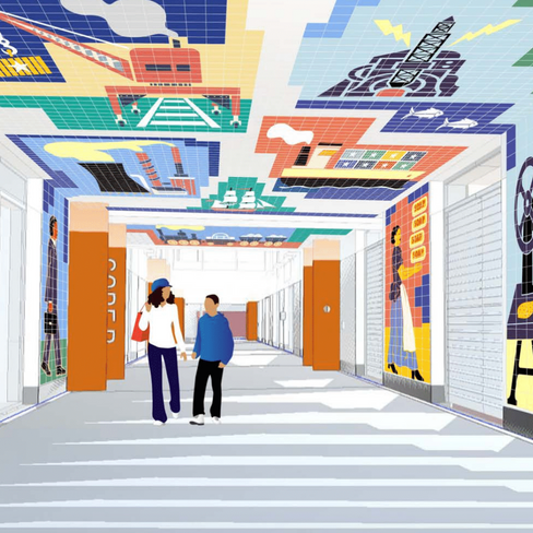 Similar image of shoppers, travelling up stairs in bright colours.