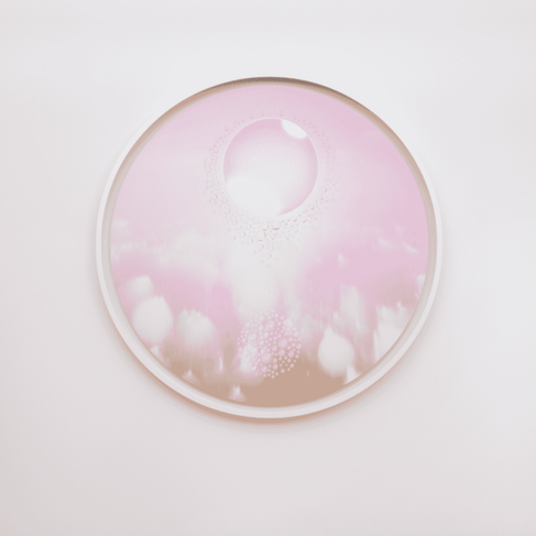 Mariko Mori's Genesis IV (2022) showcasing a circular wall structure piece of art in light pinks depicted in an galactic, space like style