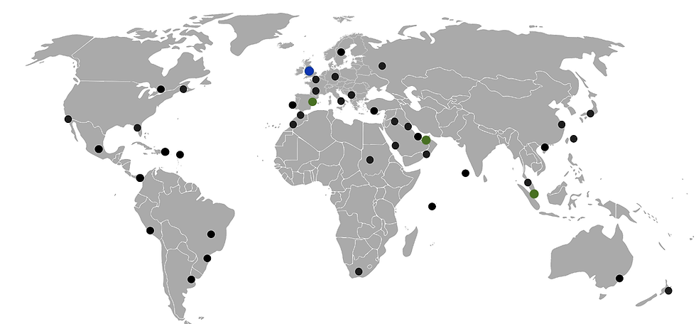 a map of all the project locations managed and delivered by artelier art advisory, including in green where ourr offices are in the UK, Singapore, Dubai and Spain
