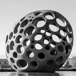 Artelier's public art management curated this stones culpture with circular biomorphic designs set ontop of a water bank
