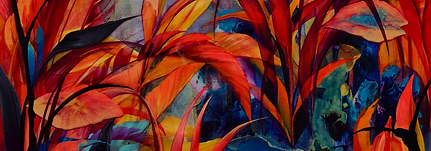 orange, blue and red inky-textured artwork showcasing a flower painting bunched together